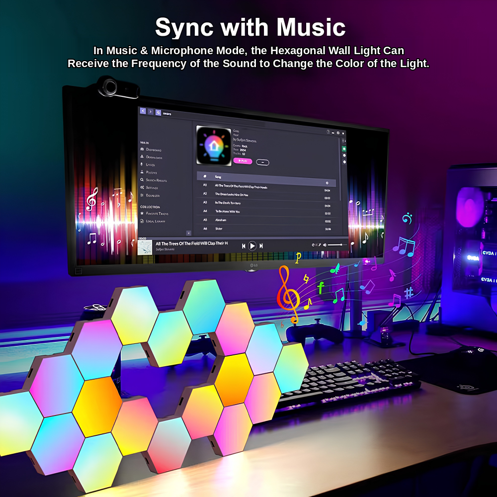 Hexagon panels changing colour in time with music using the built-in microphone