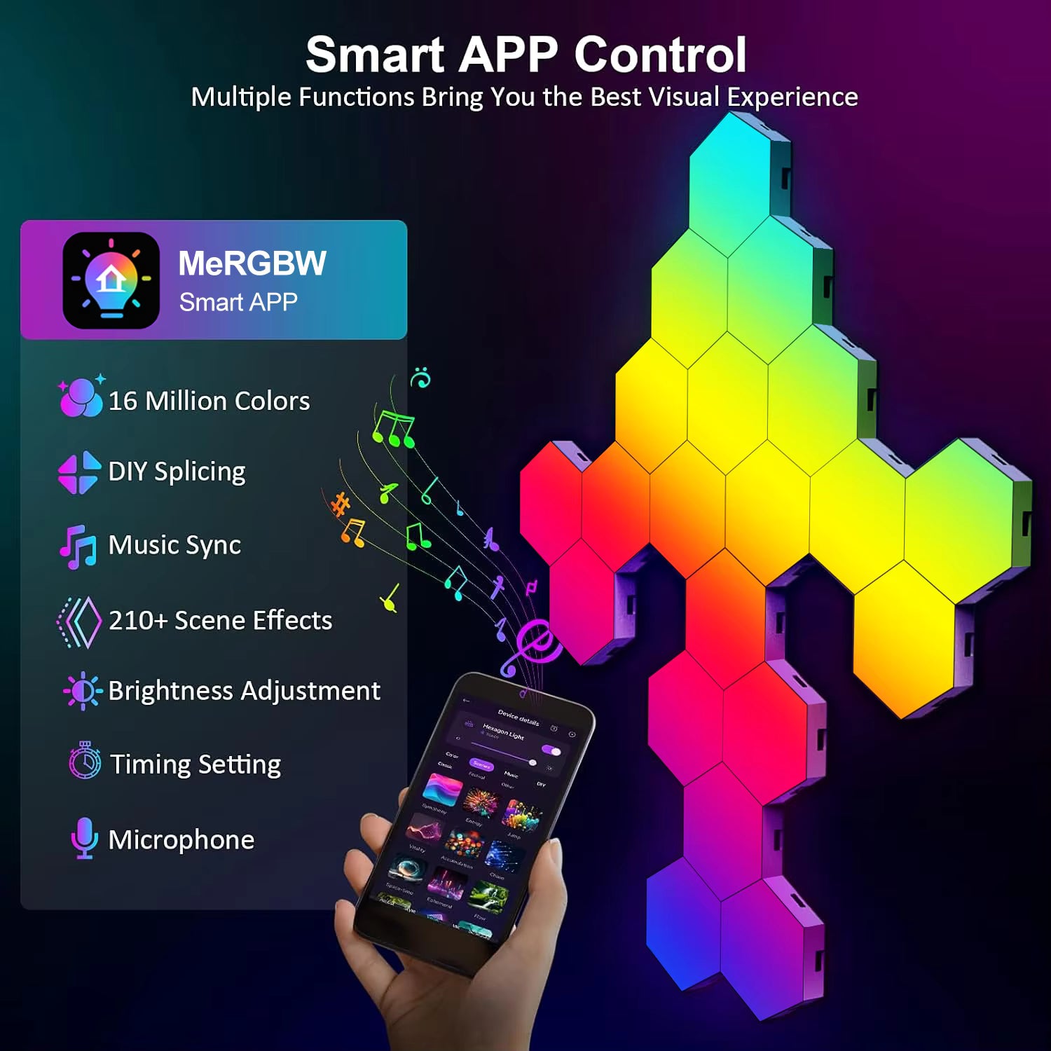 App features: 16 million colours, DIY splicing, music sync, scene effects, brightness and timer