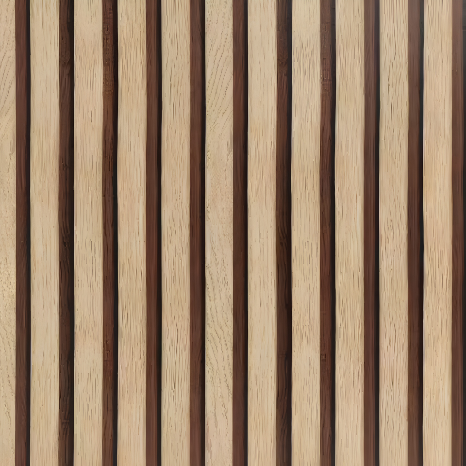 Light oak wood slat wallpaper with dark walnut grooves, printed vinyl film texture