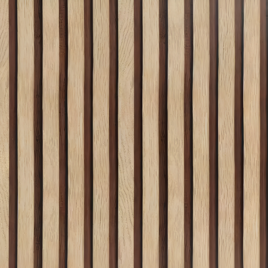Light oak wood slat wallpaper with dark walnut grooves, printed vinyl film texture