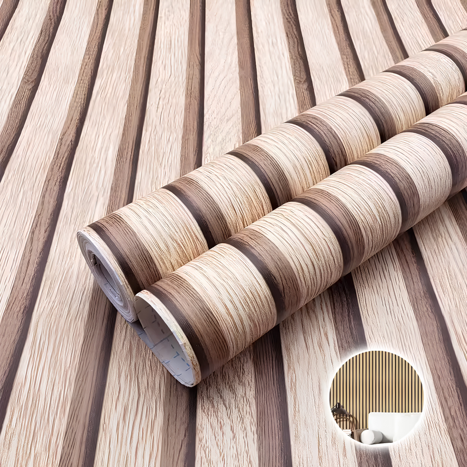 Rolls of wood slat contact paper showing the self-adhesive backing and printed measuring grid liner