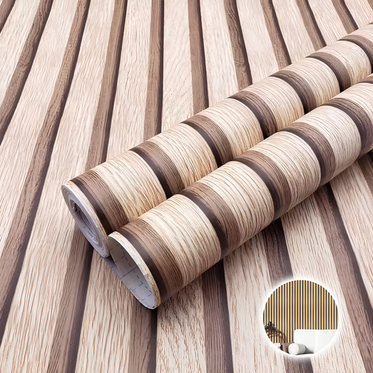 Rolls of wood slat contact paper showing the self-adhesive backing and printed measuring grid liner