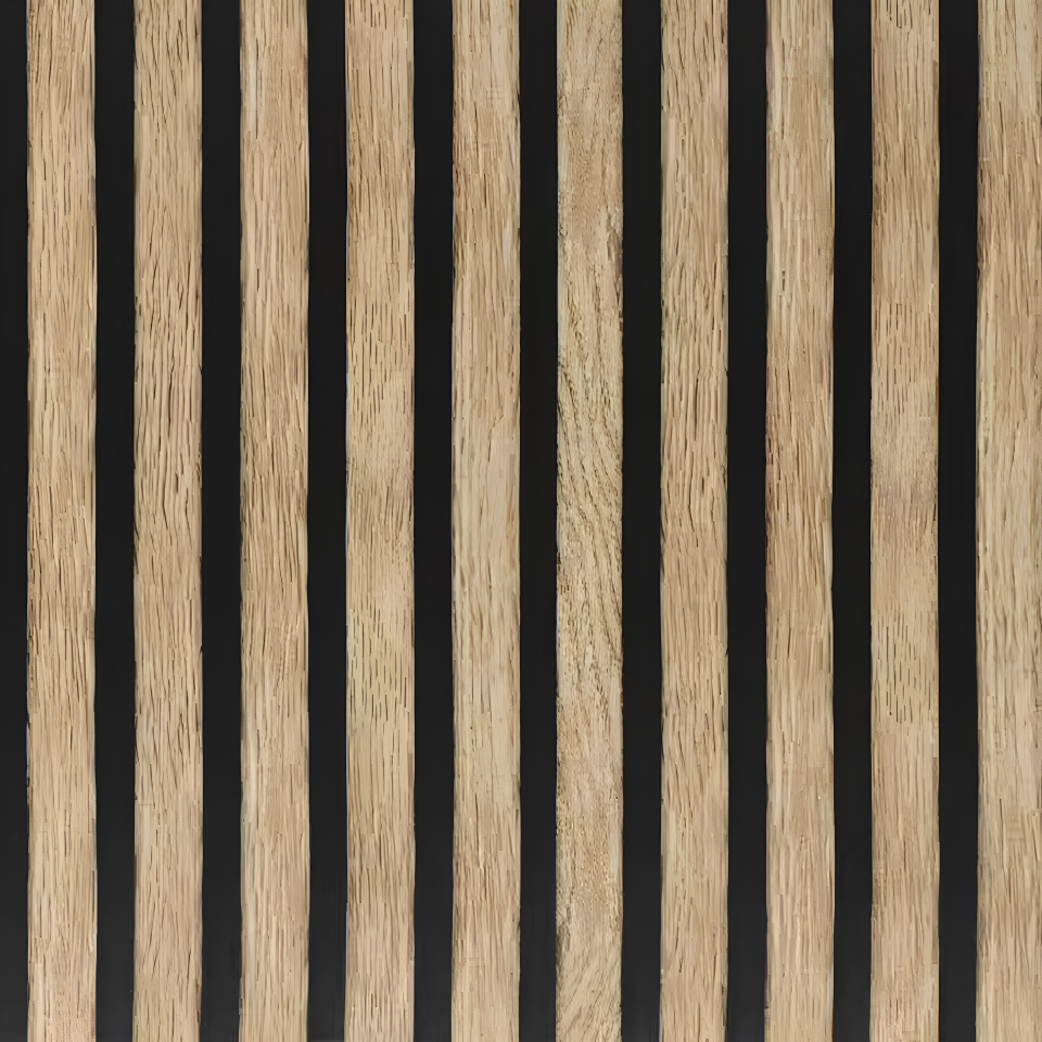 White oak wood slat wallpaper with black grooves, printed peel and stick vinyl film